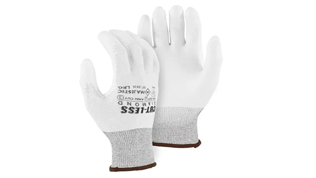 A pair of Majestic 37-3435 gloves, showing the seamless knit construction with Dyneema Diamond technology and a white palm coating.
