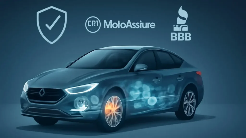 A digital illustration of a modern car with glowing internal parts, symbolizing protection, next to logos representing MotoAssure and BBB.