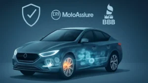 A digital illustration of a modern car with glowing internal parts, symbolizing protection, next to logos representing MotoAssure and BBB.