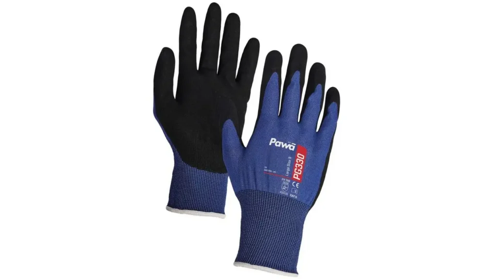 A pair of Pawā PG330 gloves, showing the blue breathable back and the black sandy nitrile palm for strong grip and flexibility.