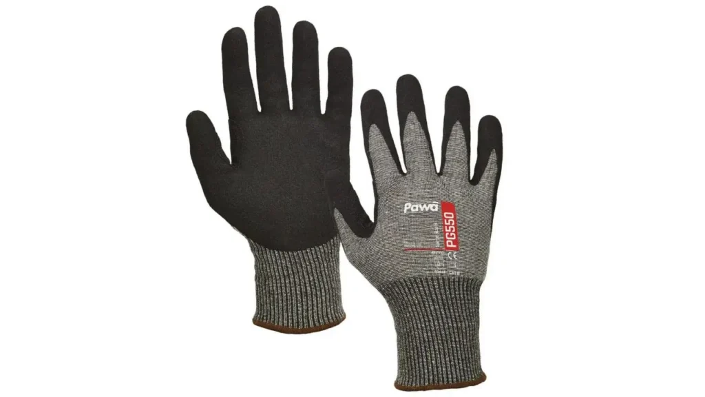 A pair of Pawā PG550 gloves, showing the black sandy nitrile palm coating and the gray back with a red label indicating the model number.