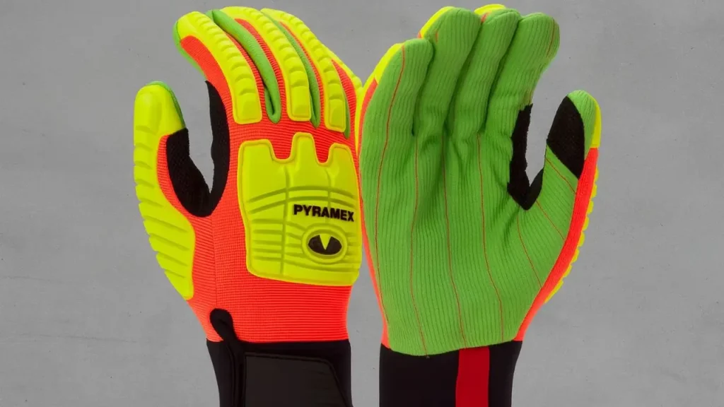 A pair of Metal Work Gloves Pyramex GL803 gloves, showing the bright-colored back with thermoplastic rubber impact guards and the grip on the palm.