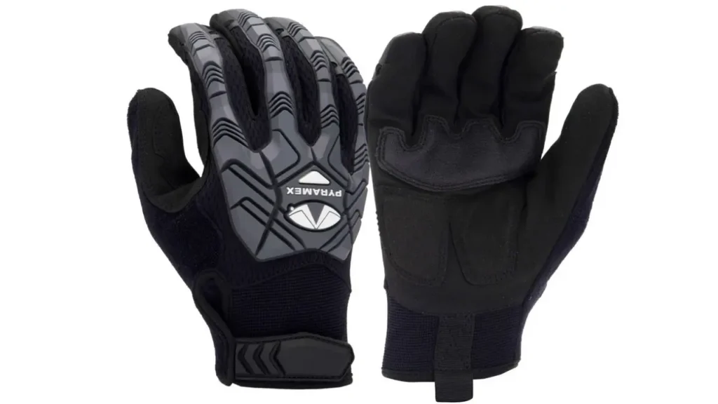 A pair of black Pyramex gloves with a grey thermoplastic rubber design on the back for impact protection and a reinforced palm.