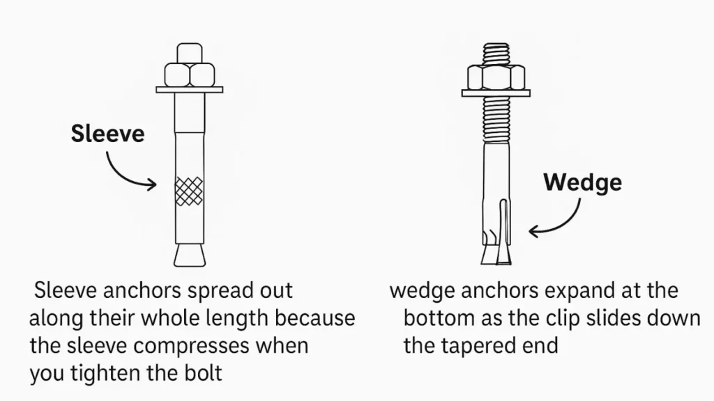 A diagram showing how a sleeve anchor expands along its whole length, while a wedge anchor expands at the bottom.