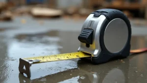 A close-up, low-angle shot of a wet stainless steel tape measure resting on a damp, dirty surface, with its blade extended. The image emphasizes the tool's durability and ability to withstand harsh conditions, with a focus on its housing and blade. This review is from the website Smart AI Gears.