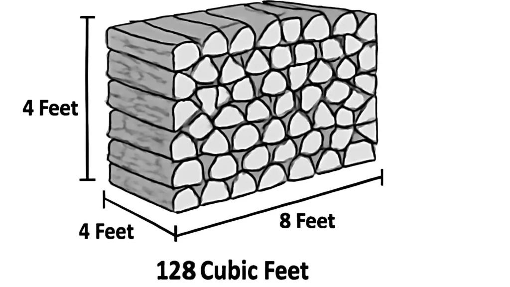 A graphic showing the dimensions of a full cord of firewood: 4 feet high, 4 feet deep, and 8 feet long, totaling 128 cubic feet.
