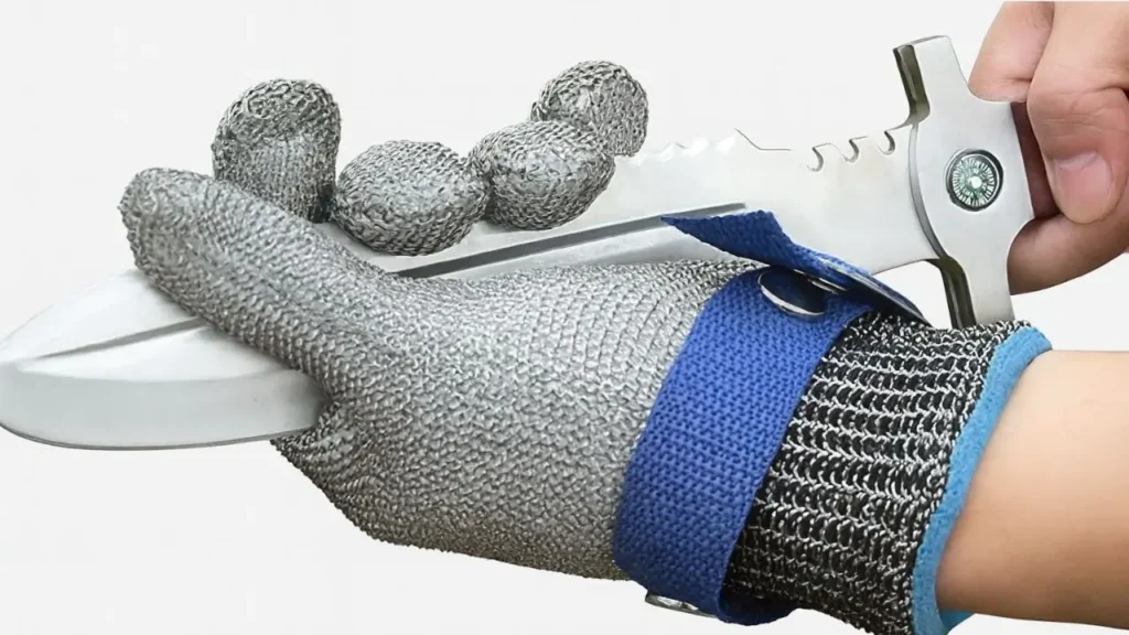 A close-up of a hand wearing a chainmail-style metal work glove being tested against a sharp blade on Smart AI Gears.