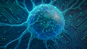 A close-up image showing a living cell structure merging with digital circuit patterns, symbolizing the intersection of biology and artificial intelligence. Can AI Create a life answered on Smart AI Gears.