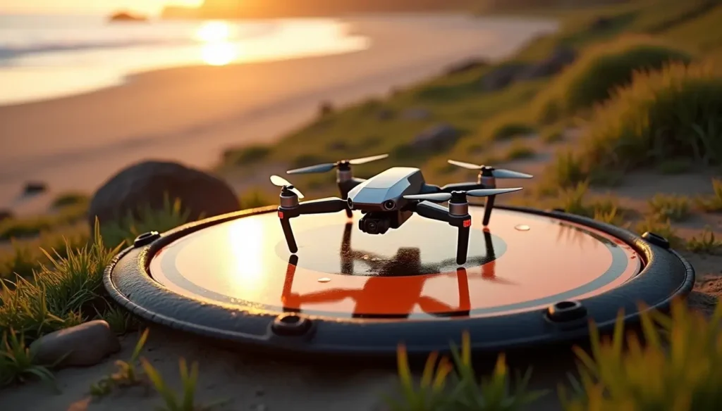A drone landing on an orange KINBON drone landing pad on a beach at sunset, showing how the pad enhances visual landing. Reviewed by Smart AI Gears.