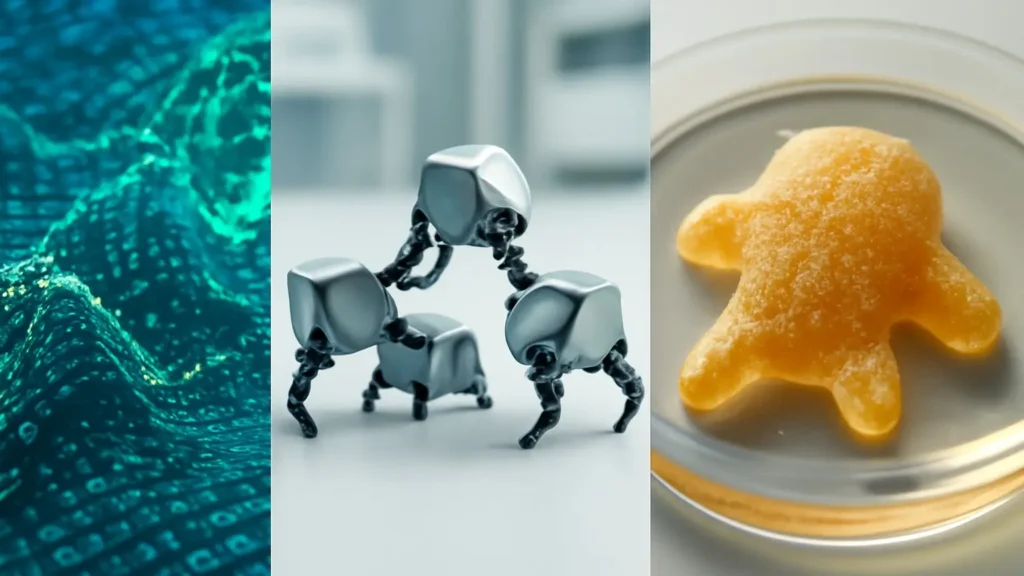 A three-panel image showing a digital evolutionary system, self-assembling robots, and a xenobot in a petri dish, representing the soft, hard, and wet methods of creating artificial life.