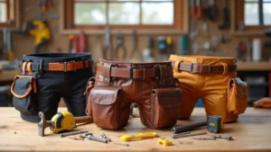 A professional carpenter wearing a leather tool belt with various tools, including a hammer and tape measure, while working on a construction site. Best framers tool belt comparison on Smart AI Gears