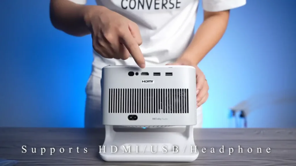 A close-up photo of the VOPLLS M10 projector's ports, including HDMI and USB inputs.
