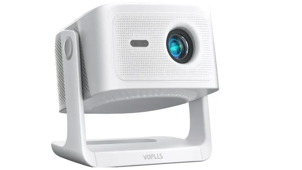 A high-quality 3D render of the VOPLLS M10 4K projector, showcasing its sleek white design and stand. A top-rated 1080p projector reviewed on Smart AI Gears.