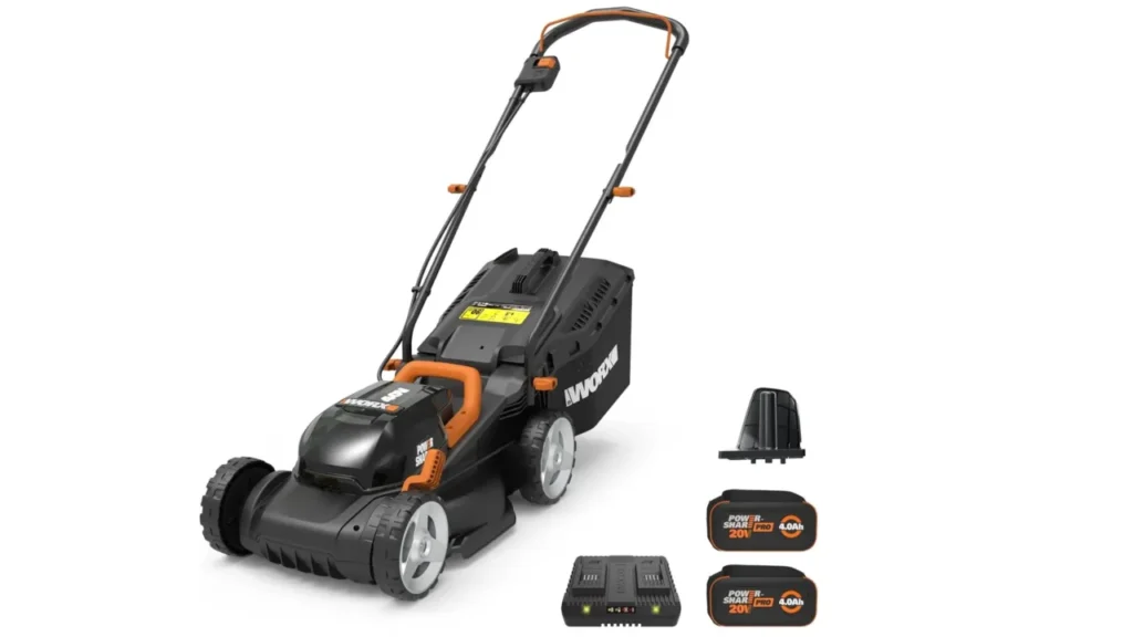 WORX WG779 40V cordless lawn mower with dual batteries, a charger, and a mulching plug. Smart AI Gears Review