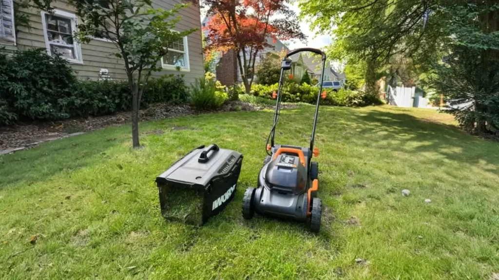 A cordless lawn mower and its grass clipping bag on a green lawn.