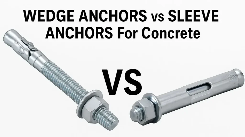 A visual comparison of a wedge anchor vs sleeve anchor, the primary keyword, for concrete applications on the website Smart AI Gears.