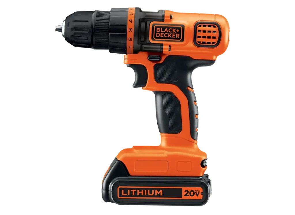 Side view of the orange and black Black+Decker LDX120C 20V MAX cordless drill with the battery attached.