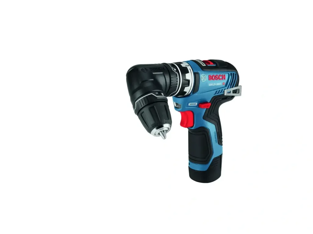 The blue and black Bosch GSR12V-300FCB22 drill configured with the right-angle chuck attachment.