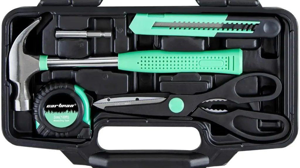 The CARTMAN 39-Piece Home Tool Kit with the claw hammer and tape measure clearly visible. A detailed review is available on Smart AI Gears.