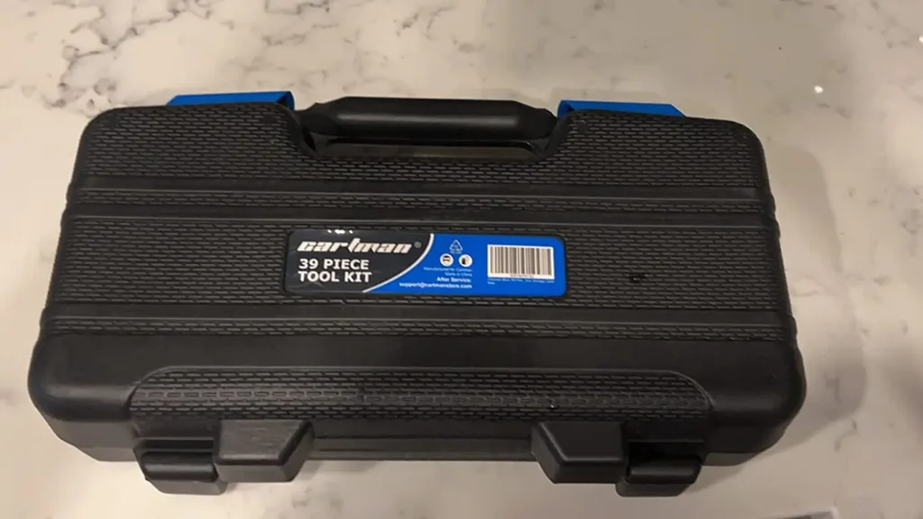 Top view of the closed CARTMAN 39-Piece Tool Kit case showing the textured black plastic shell.