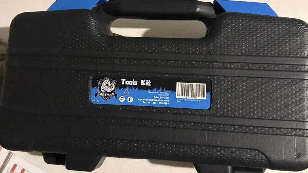 Closed black and blue CARTMAN tool kit case showing the sturdy handle and compact size for storage.