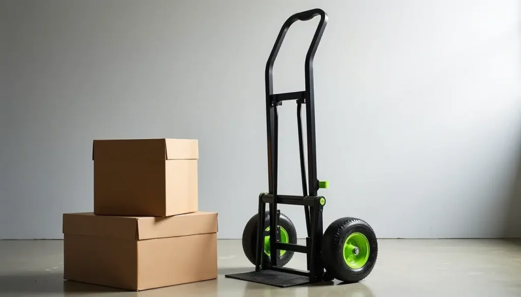 A close-up of a green and black Cosco Hand Truck with two brown boxes stacked on its toe plate, ready for moving. This image demonstrates the product's use for a Smart AI Gears review.