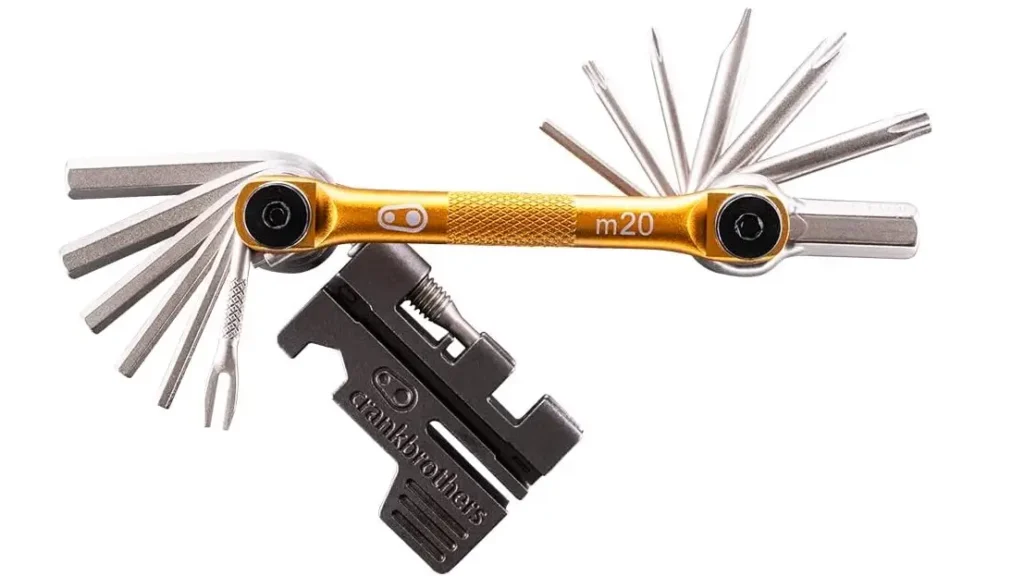 A close-up of the Crankbrothers M20 bike multi tool with its tools folded out, for a Crankbrothers M20 multi-tool review on Smart AI Gears.