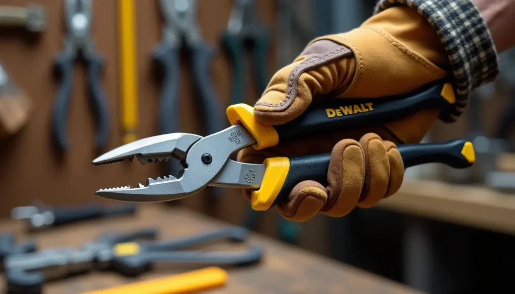 A gloved hand holding DEWALT pliers in a workshop setting, representing jobsite use in a review by Smart AI Gears.