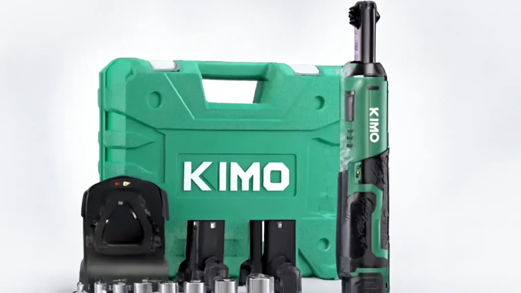 Best electric ratchet review on Smart AI Gears blog post showing a KIMO 12V cordless ratchet, two batteries, a charger, and a set of sockets next to the hard carrying case.