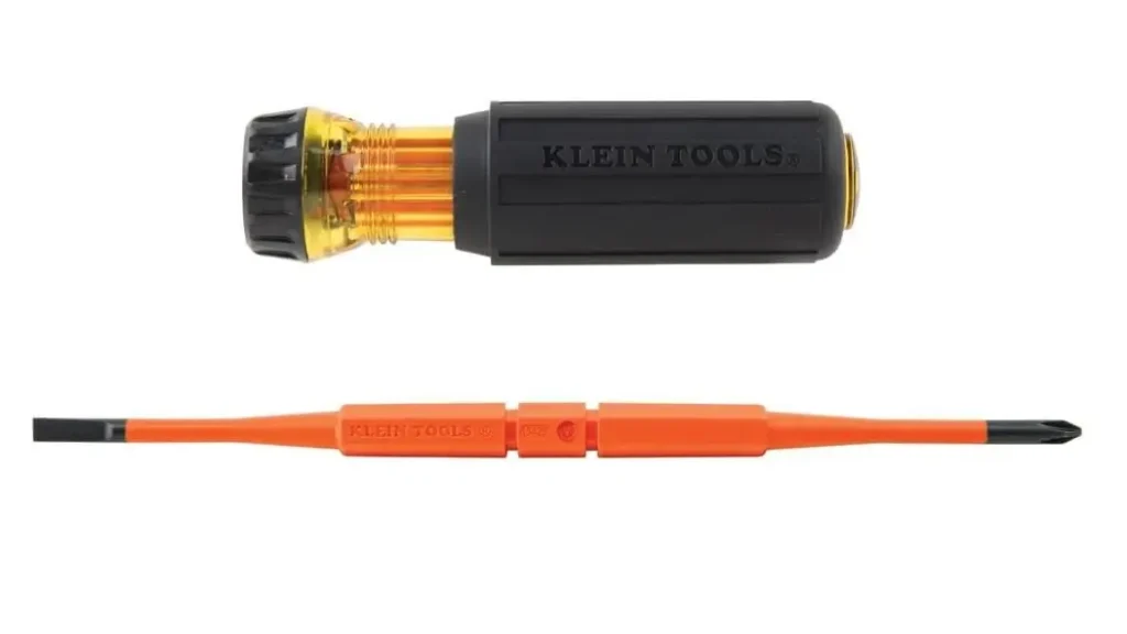 A Klein Tools 32288 8-in-1 insulated screwdriver with its handle and interchangeable blade, demonstrating the tool's versatility for a Smart AI Gears review.