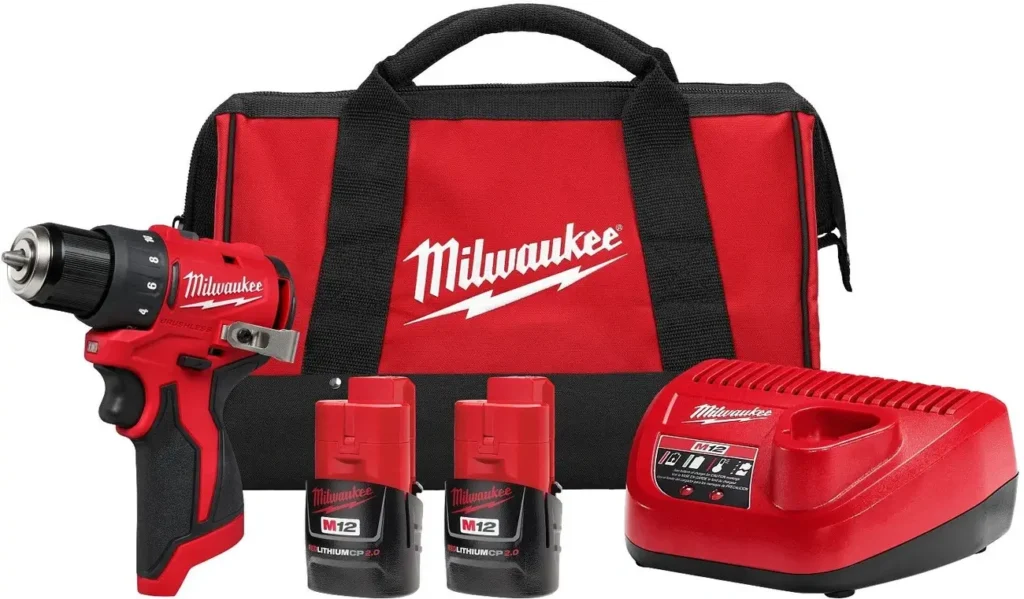 The Milwaukee 3401-22 M12 subcompact drill and two REDLITHIUM battery packs with the contractor bag.
