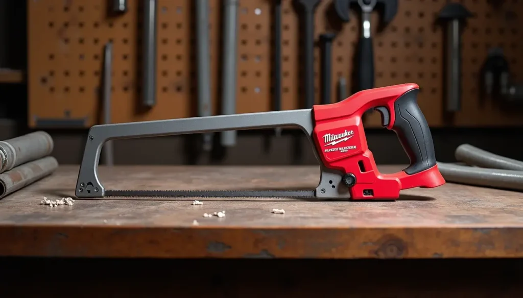 A Milwaukee 48-22-0050 hacksaw on a workbench in a workshop for a Smart AI Gears review.