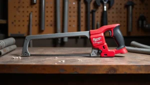 A Milwaukee 48-22-0050 hacksaw on a workbench in a workshop for a Smart AI Gears review.