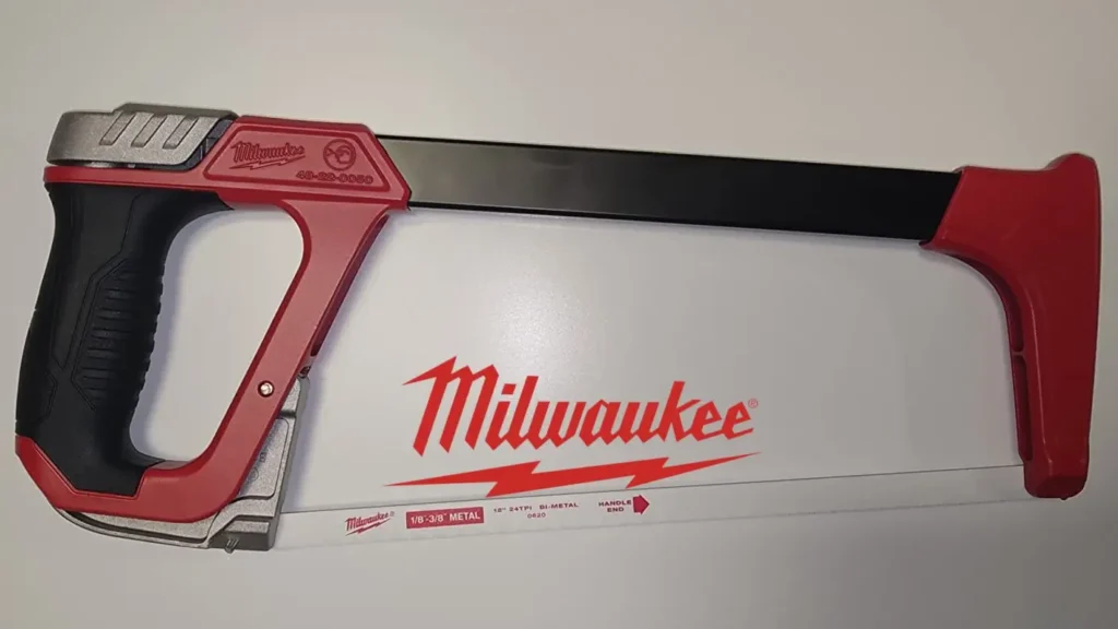 A clear view of the Milwaukee 48-22-0050 hacksaw, showing the model number and blade specifications.