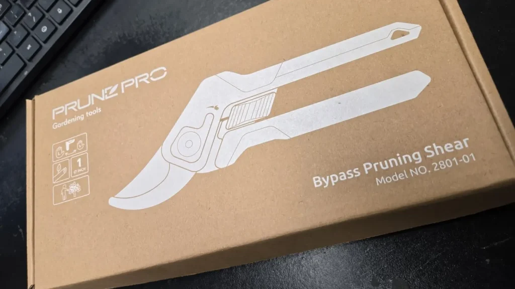The PrunePro Bypass Pruning Shears box, showing the product name, model number, and a graphic of its 1-inch cutting capacity.