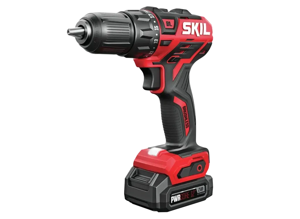 The red and black Skil DL529002 PWRCore 12V drill showing the compact size and brushless motor.