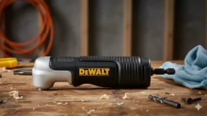 A close-up of a DEWALT right angle drill attachment resting on a wooden workbench with wood shavings, featured by Smart AI Gears.