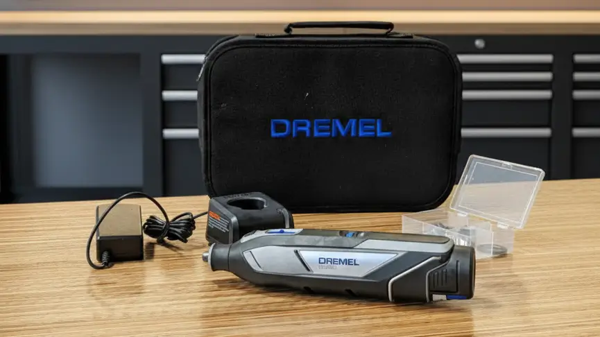 The Dremel 8240 cordless rotary tool with its charger and storage case, a reliable choice for Smart AI Gears DIY projects.