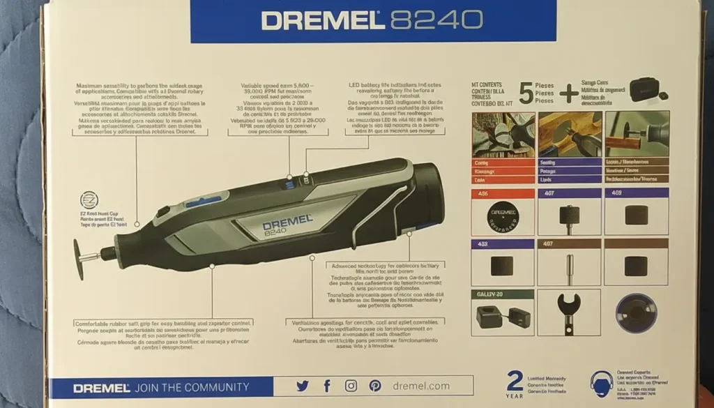 Retail packaging for the Dremel 8240 showing the 5-piece accessory kit and 12V Max power specifications.