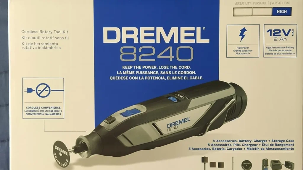 Close-up of the Dremel 8240 rotary tool highlighting the variable speed control and ergonomic grip.