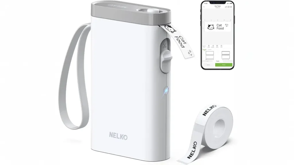 A graphic showing the Nelko P21 printer, a thermal label roll, and a smartphone displaying the customization app.