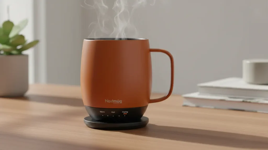 Nextmug Heated Mug review image showing the mug on charging coaster, tested for daily coffee use by Smart AI Gears, best Heated Mug alternative to Ember