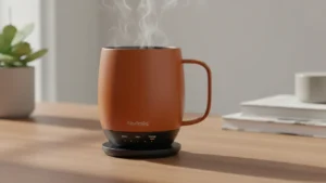 Nextmug Heated Mug review image showing the mug on charging coaster, tested for daily coffee use by Smart AI Gears, best Heated Mug alternative to Ember
