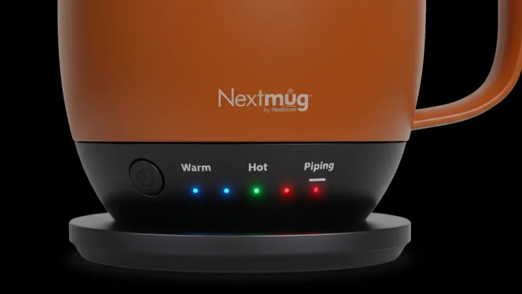 Close-up view of Nextmug Heated Mug base showing Warm, Hot, and Piping temperature indicator lights