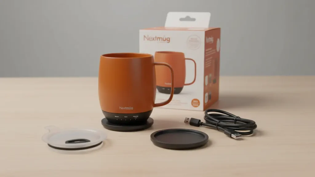 Nextmug Heated Mug unboxing with charging coaster, spill-resistant lid, and USB-C cable laid out neatly