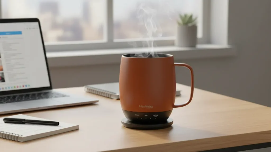 Nextmug Heated Mug placed on charging coaster during work-from-home desk setup