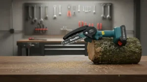 The blue SEESII 8-inch mini chainsaw sitting on a log, a powerful brushless motor tool for Smart AI Gears yard work.
