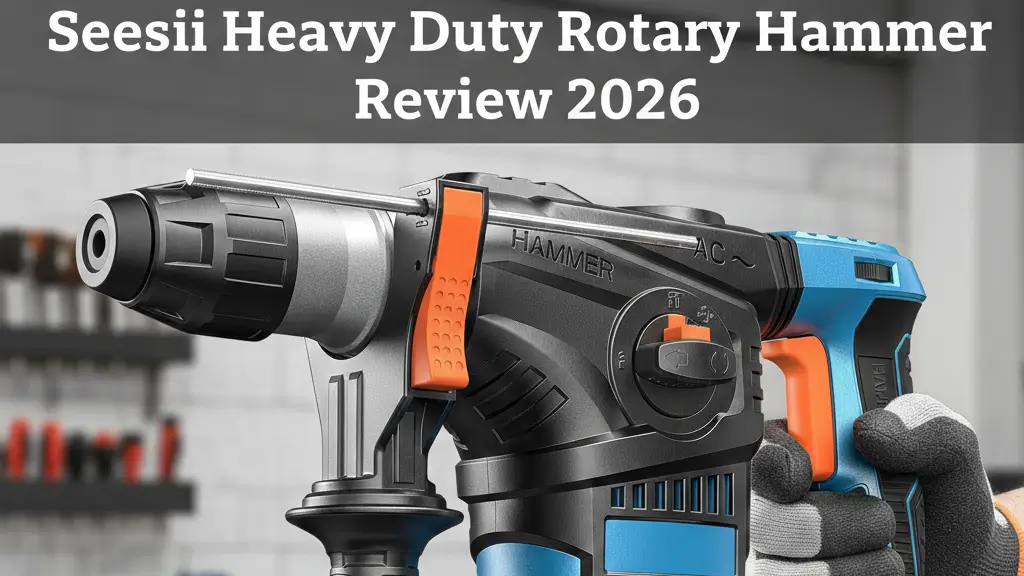 A person's hand holding a blue and black Seesaw Heavy Duty Rotary Hammer Drill in a workshop setting, featured on Smart AI Gears.