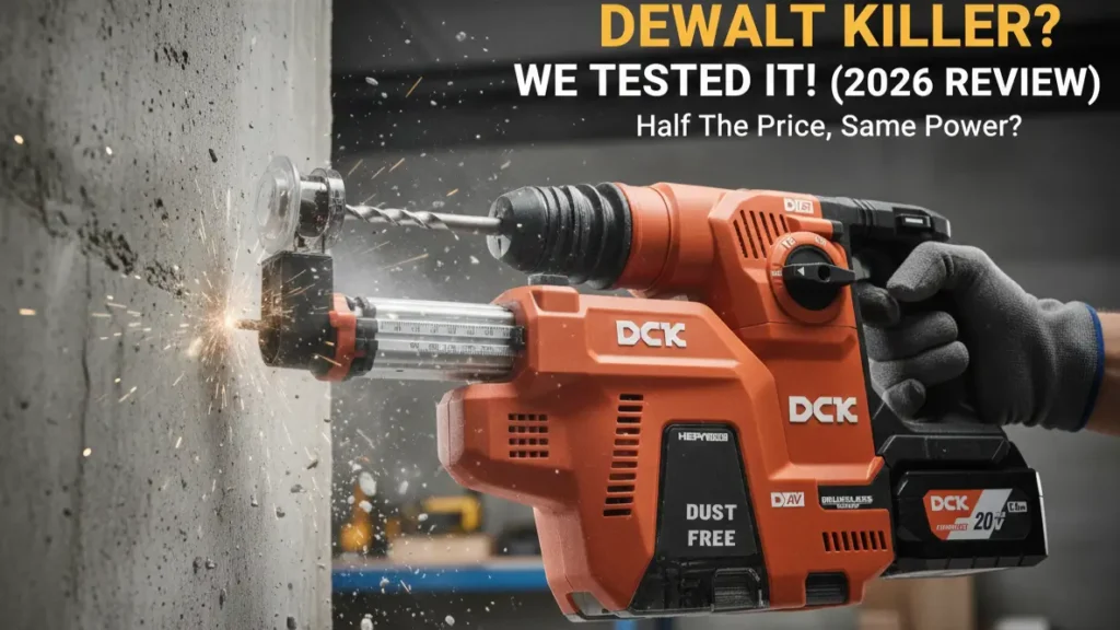 A professional testing the DCK cordless rotary hammer on a concrete wall for a review on the Smart AI Gears website.