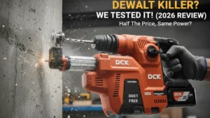 A professional testing the DCK cordless rotary hammer on a concrete wall for a review on the Smart AI Gears website.